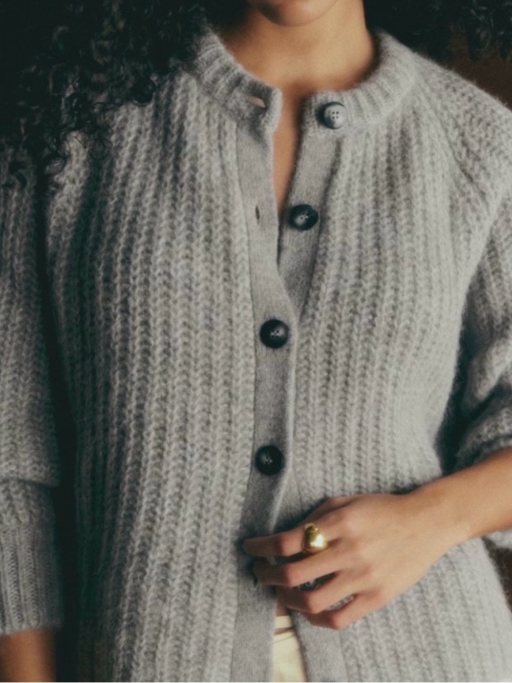 Sezane Light Gray Emile Chunky Knit Button-Up Sweater - Picture 2 of 11